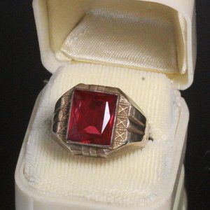 Antique Art Deco 10K Gold Sterling Silver Synthetic Ruby Men's Ring